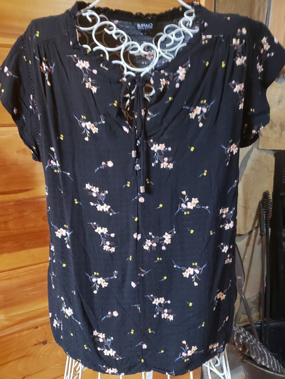 Buffalo Black Floral Tie-Neck Women's Top